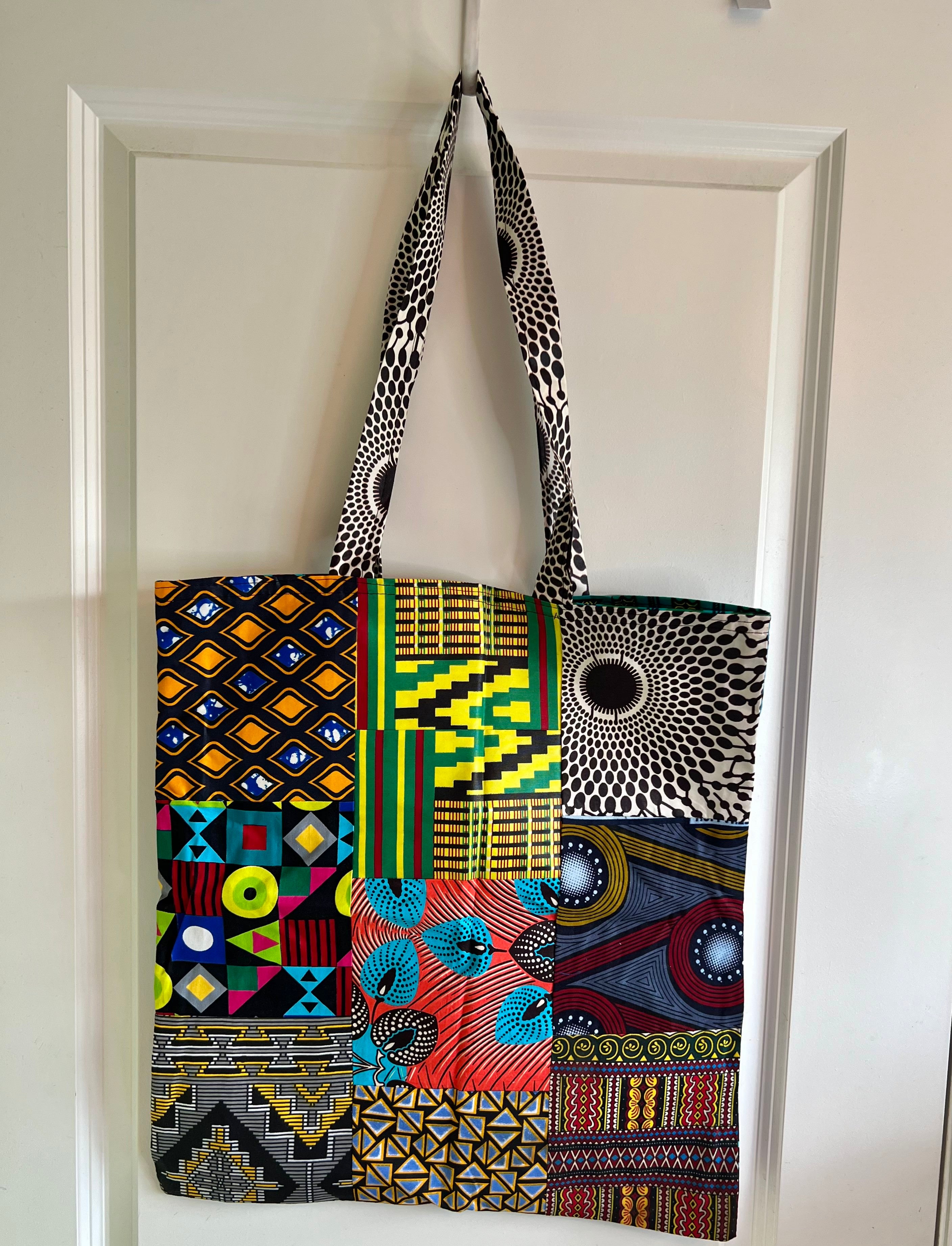 Patchwork African Chitenge Fabric Tote or Bag with inside pocket. Handmade by buying Zambian women. Appliqued. Embroidered